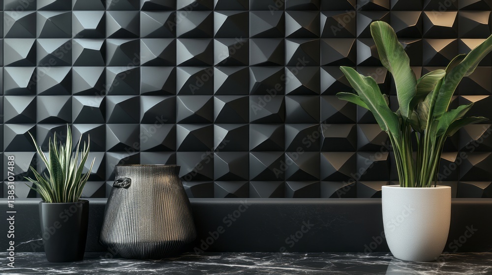 Poster polished semigloss triangular tile wall background with 3d black geometric blocks featuring a modern