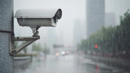 Rain pours down as a surveillance camera captures the busy urban environment, emphasizing the contrast between technology and weather