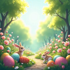 "Charming Spring  Bunnies with Colorful Eggs in a Blooming Spring Meadow"