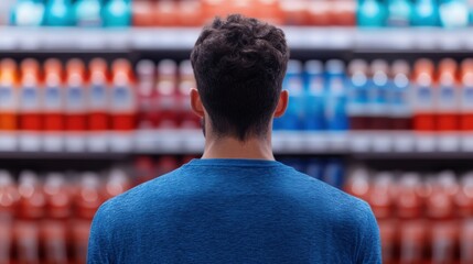 A man stands in a supermarket aisle, evaluating colorful beverage options on the shelves during daylight