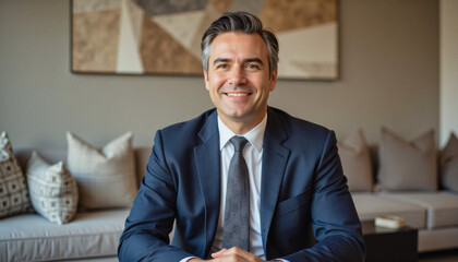 Modern portrait headshot of a friendly ceo executive business worker: A smiling man in a dark suit sits confidently in a modern living room, conveying professionalism and approachability.