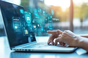 Modern digital interface with artificial intelligence tools.  Hands interacting with a laptop screen displaying various data visualization elements