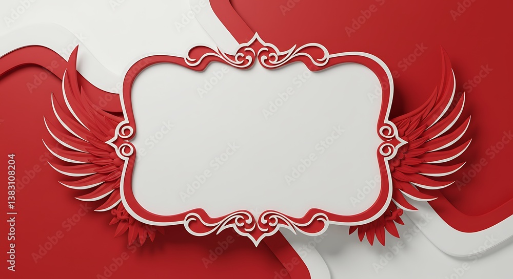 Poster elegant frame with winged design on red and white abstract background