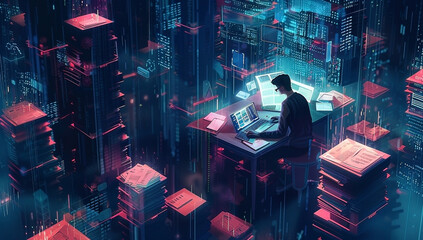 Businessman sitting at the table with laptop and stacks of papers. Data center or storage concept