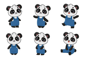 Set of cute character panda in different poses in clothes. Drawn in cartoon style. Isolated on white background
