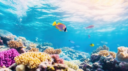 Fototapeta premium A vibrant underwater scene featuring colorful coral reefs and various tropical fish, showcasing the beauty of marine life.