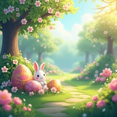 "Charming Spring  Bunnies with Colorful Eggs in a Blooming Spring Meadow"