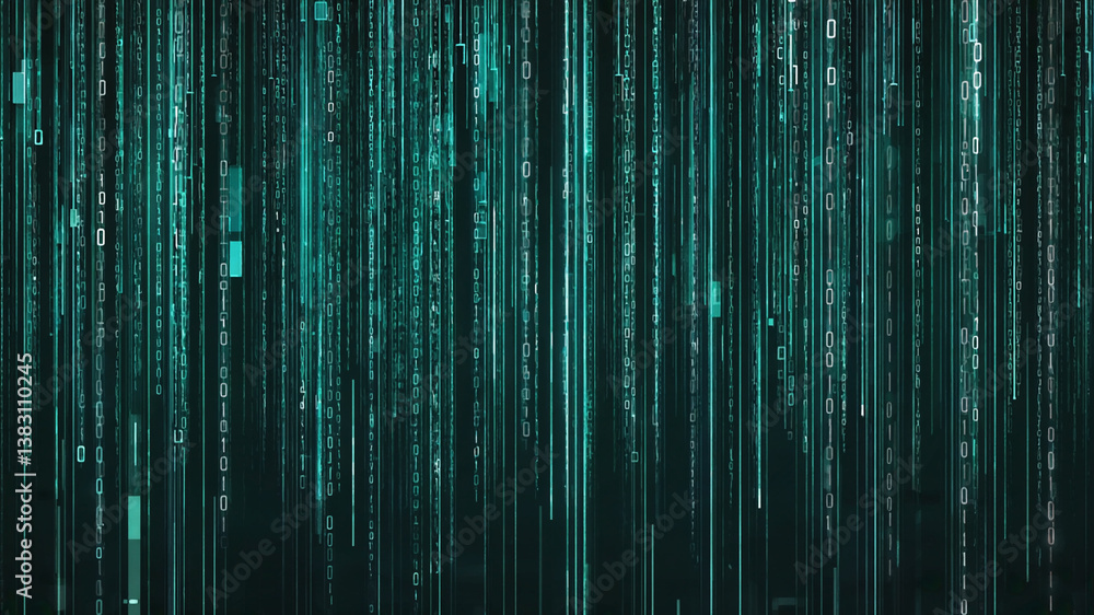 Poster binary code streams down like rain in a digital, teal-toned matrix