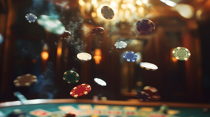 Flying Poker Chips Over Vibrant Las Vegas Lights &ndash; High-Stakes Casino Energy