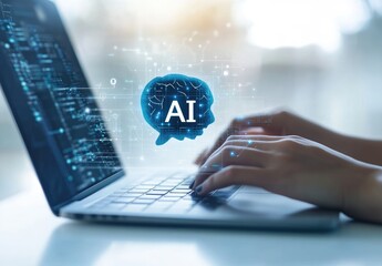 AI development on a laptop.  Hands typing on a laptop keyboard.  Abstract representation of AI concepts overlaid