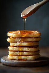 Golden honey drizzle over fluffy pancake stack on wooden board for delicious breakfast indulgence