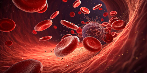 Medical illustration, microscopic view, blood cells, arteries, veins, circulatory system, red blood cells, virus particle, 3D rendering, scientific visualization, anatomical detail, deep red 