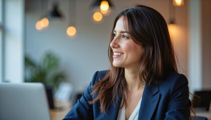 Modern portrait headshot of a friendly ceo executive business worker: A smiling businesswoman gazes thoughtfully out a window, seemingly inspired while sitting at a desk with a laptop.