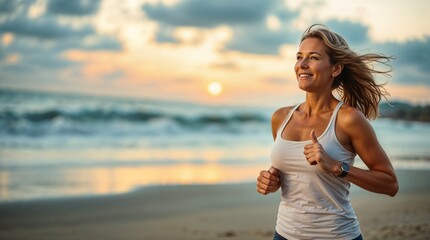 Happy middle-aged woman jogging on the beach