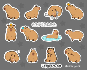 Adorable Capybara Stickers Collection. Capybara Vibes. Sticker Pack. vector illustration set animals relaxing