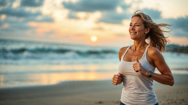 Happy middle-aged woman jogging on the beach