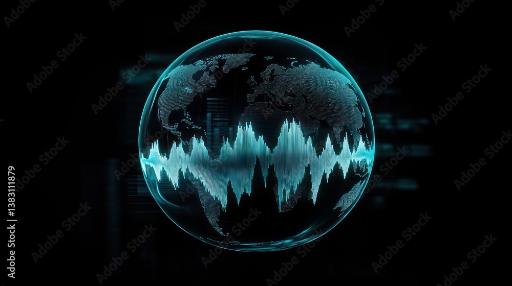 Poster world globe with audio waves, digital overlay. tech display in the background