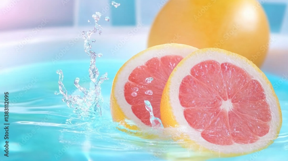 Poster juicy slices of grapefruit rest on the surface of a sparkling turquoise pool, creating refreshing sp