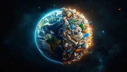 Divided Earth: half pristine continents & oceans, half plastic pollution. Perfect for Earth Day, environmental awareness, conservation campaigns. Somber, cautionary.