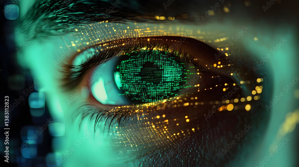 Poster human eye close-up on green tech background, hacker face and digital data pattern. concept of cyber 