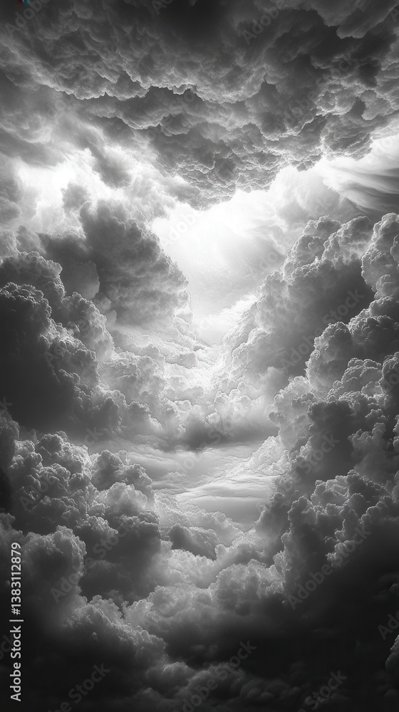 Poster ethereal monochrome cloudscape of fluffy cumulus clouds with bright light breaking through creating 