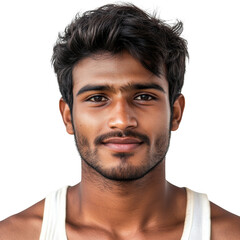 Obraz premium Portrait of a Young Indian man with a little sm isolated on transparent background