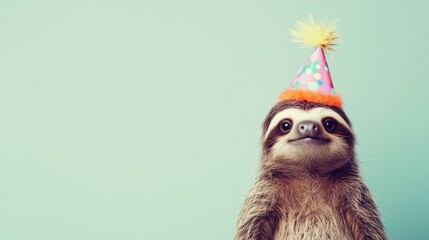 A cheerful sloth with a vibrant party hat smiles against a light blue background, embodying a joyful celebration atmosphere