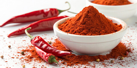 Vibrant red chili peppers, white ceramic bowl of paprika powder, bright orange spice, scattered powder, rustic wooden surface, macro photography, high contrast, culinary spices, rich colors,