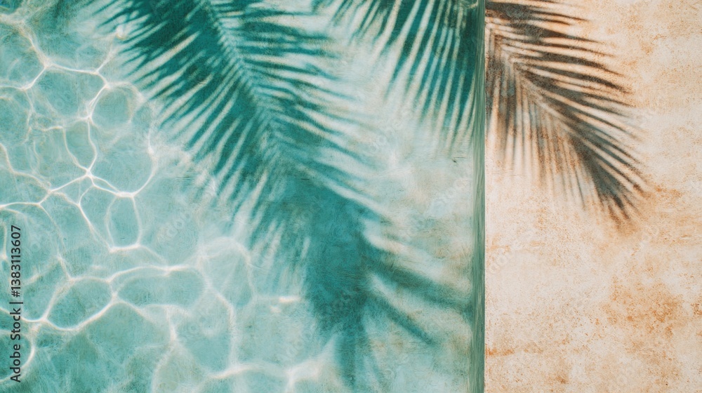 Poster gentle sunlight creates shimmering patterns on clear water while palm tree shadows cast a relaxing v