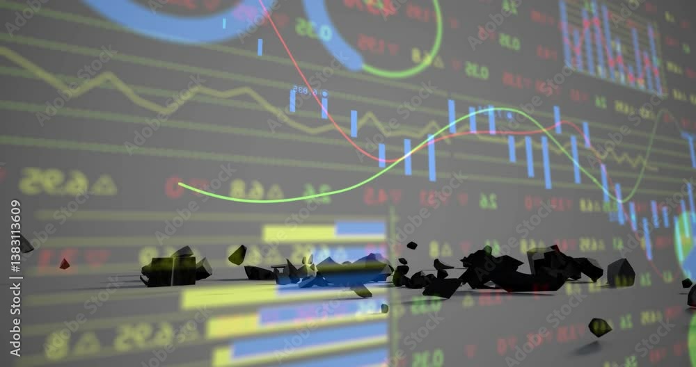 Poster animation of colorful financial graphs and charts projected over floor debris