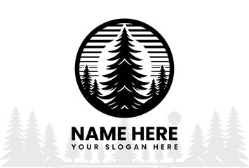 Detailed Pine Tree Logo Silhouette. Classic Circular Brand Motif