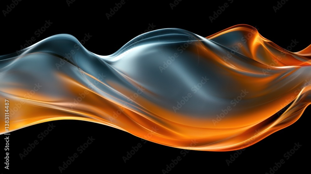 Poster abstract flowing wave of light and shadow with dynamic orange and blue hues on black backdrop artist