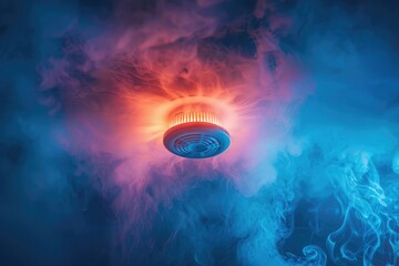 The smoke detector emits a bright red signal light surrounded by thick smoke during a fire. The device symbolizes safety, danger and fire prevention.