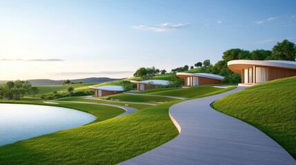 A serene landscape featuring modern buildings along a winding path by a tranquil lake, surrounded by lush green hills and clear skies.