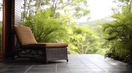 Outdoor patio furniture, lush landscape