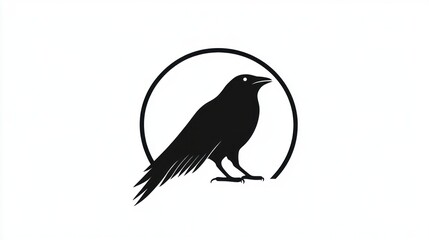 Obraz premium Silhouette of a crow in a circle, perched with its head looking forward, for logos