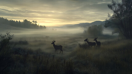 Deer Family in Misty Meadow &ndash; Tranquil Wildlife Moment

