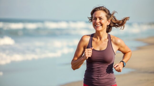 Happy middle-aged woman jogging on the beach