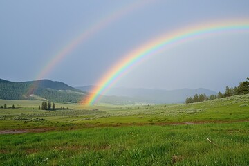 Clear sky after a storm with rainbow over green meadows
