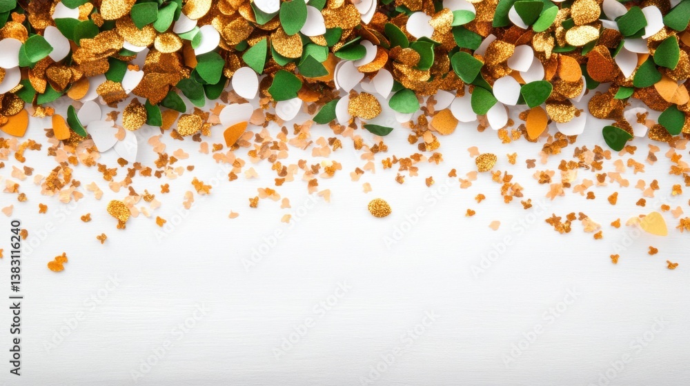 Poster brightly colored confetti in various shapes is spread out on a white surface, creating a cheerful at