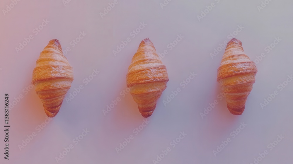 Poster three golden croissants arranged in a row on a pastel background creating a delightful bakery scene 