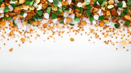 Brightly colored confetti in various shapes is spread out on a white surface, creating a cheerful atmosphere for a celebration