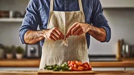 Man tying apron string