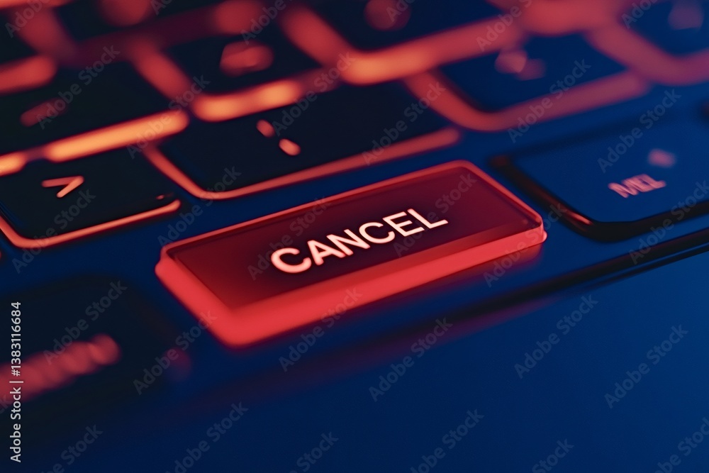 Poster red cancel key glowing on a backlit keyboard creates a dramatic and ominous effect, suggesting the p