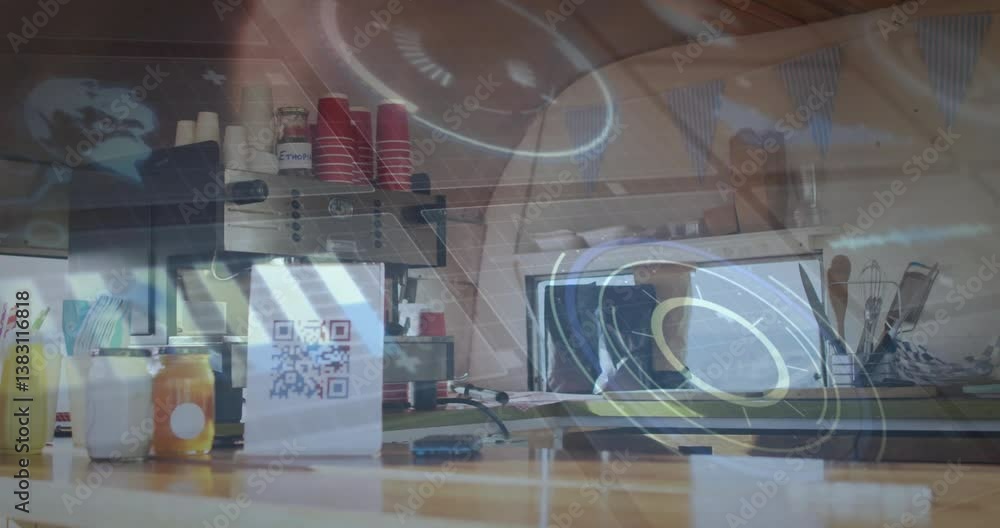 Poster digital interface overlay with qr code on coffee shop counter, creating animation