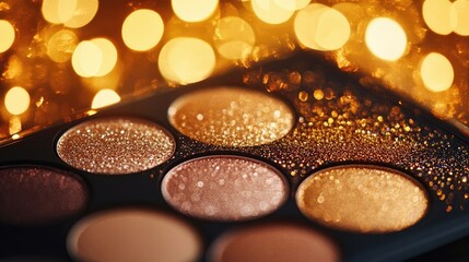 Close-up of a beautiful eyeshadow palette featuring a variety of gold and brown shades with shimmer and glitter.