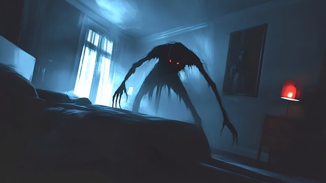 Lurking in a dark bedroom at night, a terrifying shadow monster with glowing red eyes creates a chilling and surreal atmosphere, evoking feelings of fear and anxiety
