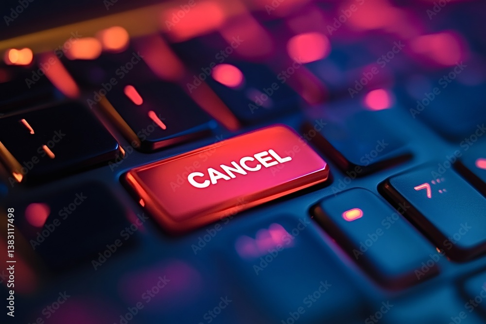 Poster red glowing cancel key illuminating a dark backlit keyboard, symbolizing the interruption or termina