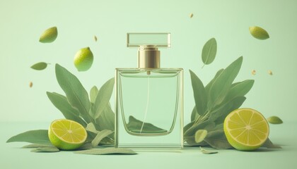Elegant cosmetic packaging of a perfume bottle surrounded by fresh sage leaves and citrus minimalist aesthetic nature inspired