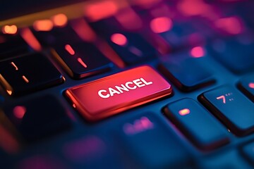 Red glowing cancel key illuminating a dark backlit keyboard, symbolizing the interruption or termination of an ongoing digital process in the realm of technology and communication